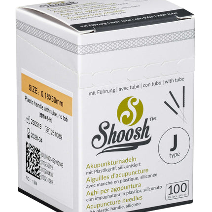 SHOOSH typ J, s plastovou rukojetí a vodicí trubičkou, 100 jehel v krabičce