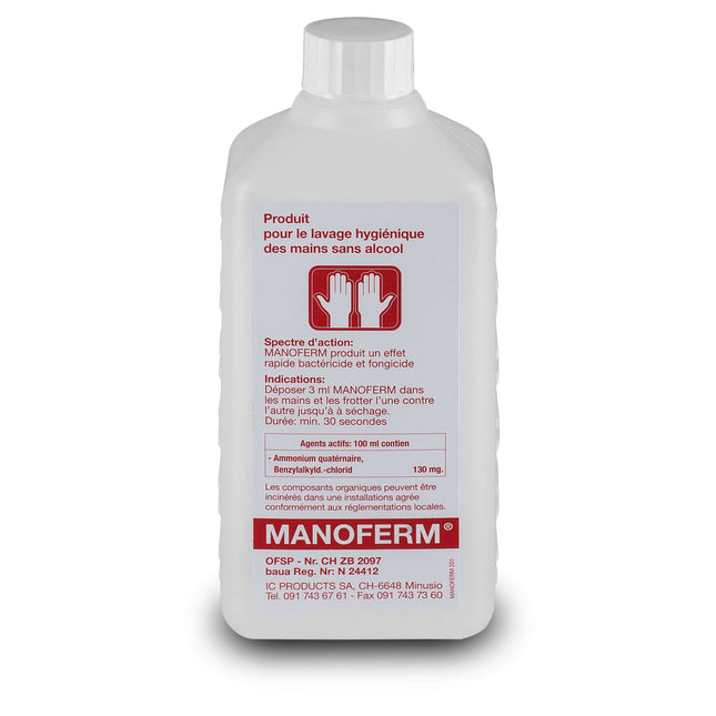 Manoferm, desinfectante de manos sin alcohol, frasco de 500 ml (también para el dispensador de pared P.100.0566) (P.100.0563)
