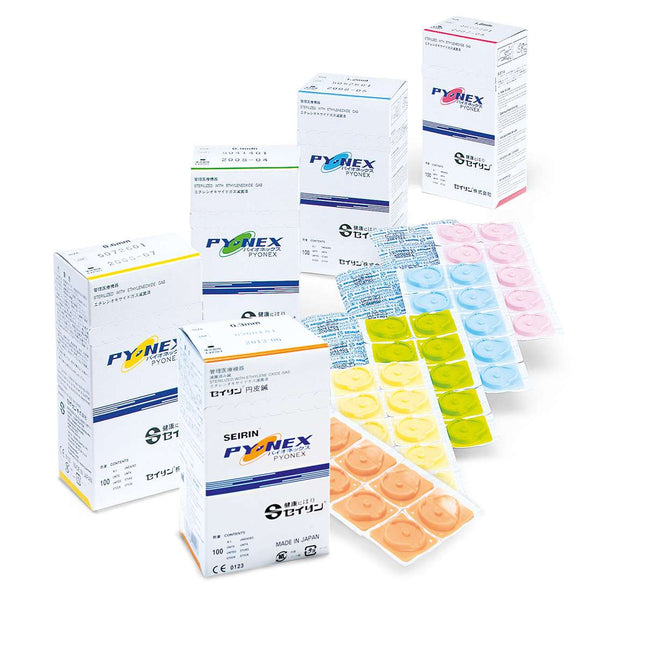 Agujas permanentes SEIRIN Pyonex para oreja y cuerpo, 100 unidades por caja (A.220.0010.K)