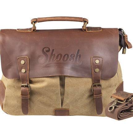 Shoosh® 100% lærred / læder skulder / laptop taske, khaki, 36 x 10 x 28 cm (S.100.0005)