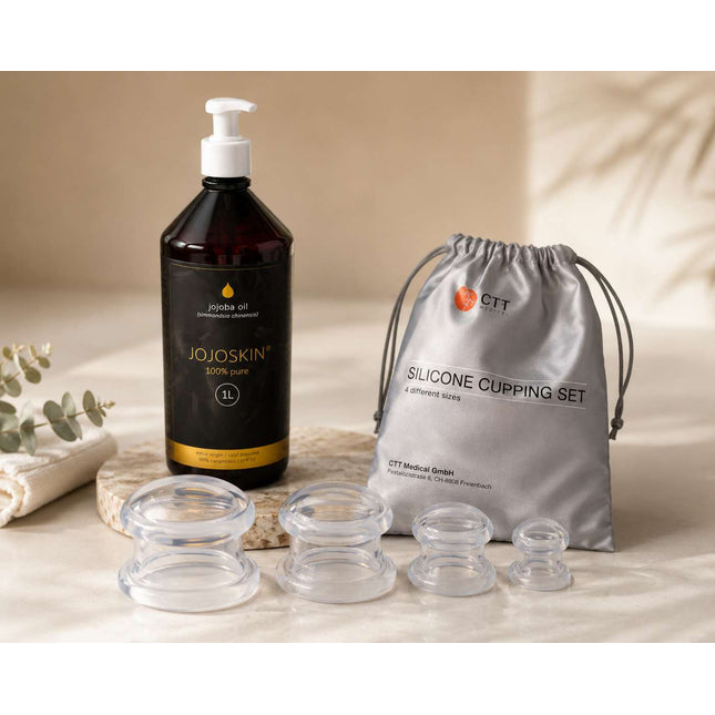 Jojoba Massageöl 1000 ml + Silikonschröpfset 4 Stk