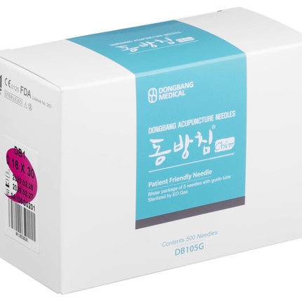 DONGBANG Akupunktioneulat DB105, 500 neulaa per laatikko, 5 neulaa per läpipainopakkaus, korealainen teräskahva, silikonoitu.