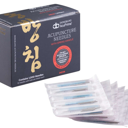 DONGBANG Akupunktioneulat DB106, korealainen teräskahva, silikonoitu, 1000 neulaa laatikossa.