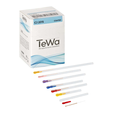 Akupunktioneulat TeWa CJ-Type, ohjausputkella, kuparikierukkakahva, päällystetty, 100 neulaa per laatikko