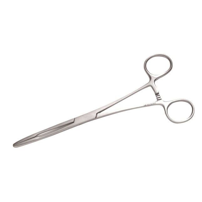 Swab clamp, straight with ratchet and opening, stainless steel, approx. 15 cm (P.100.0200)